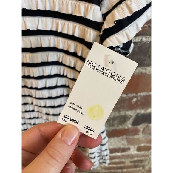 Notations Black & White Ruffle Striped Cap Sleeve T-shirt Blouse women’s Size S - Picture 3 of 9